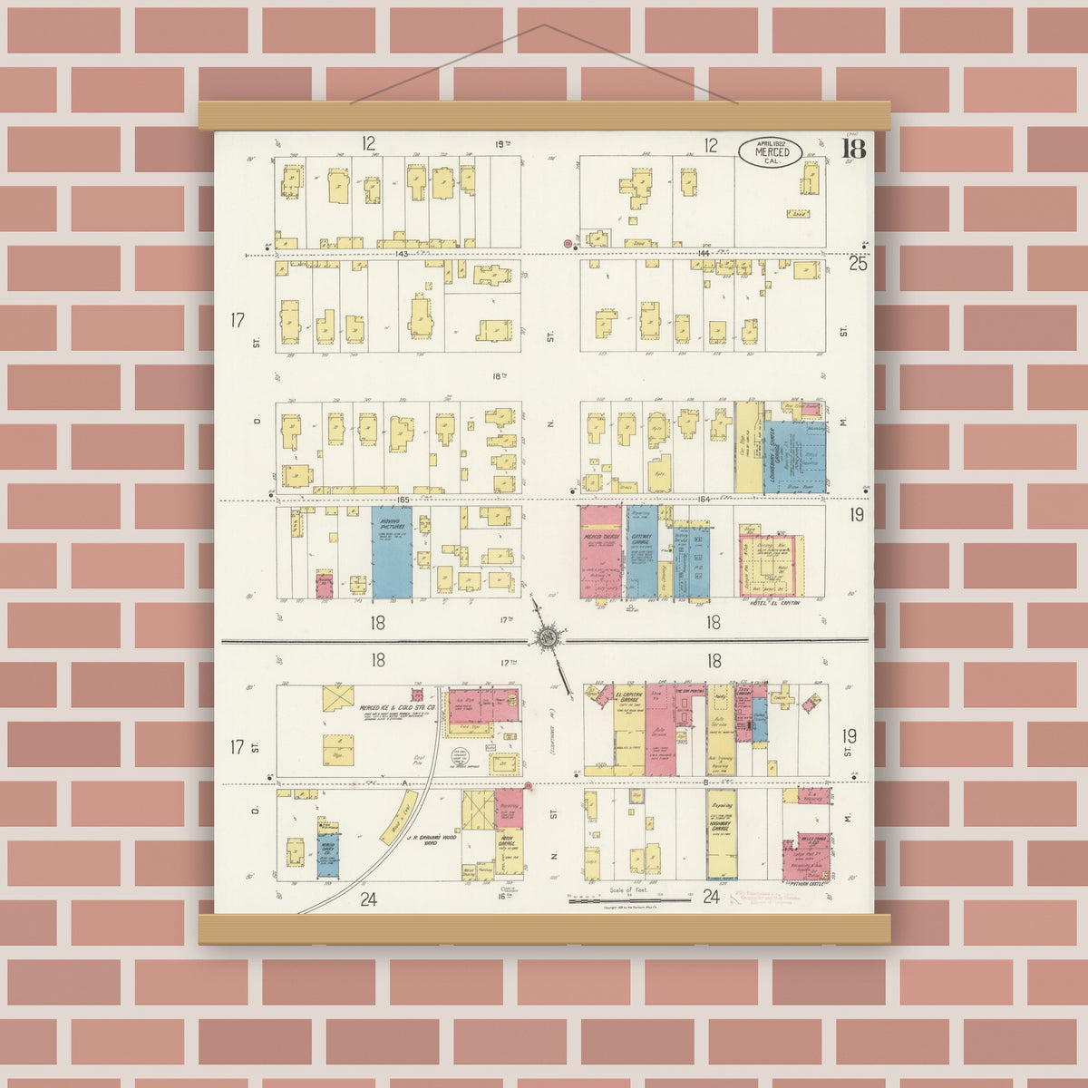 Old map wall art mockup — magnetic wood frame on brick wall — Sanborn Fire Insurance Map from Merced, Merced County, California (1922), Sheet #0018