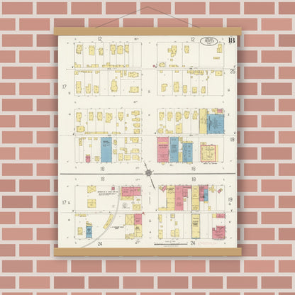Old map wall art mockup — magnetic wood frame on brick wall — Sanborn Fire Insurance Map from Merced, Merced County, California (1922), Sheet #0018