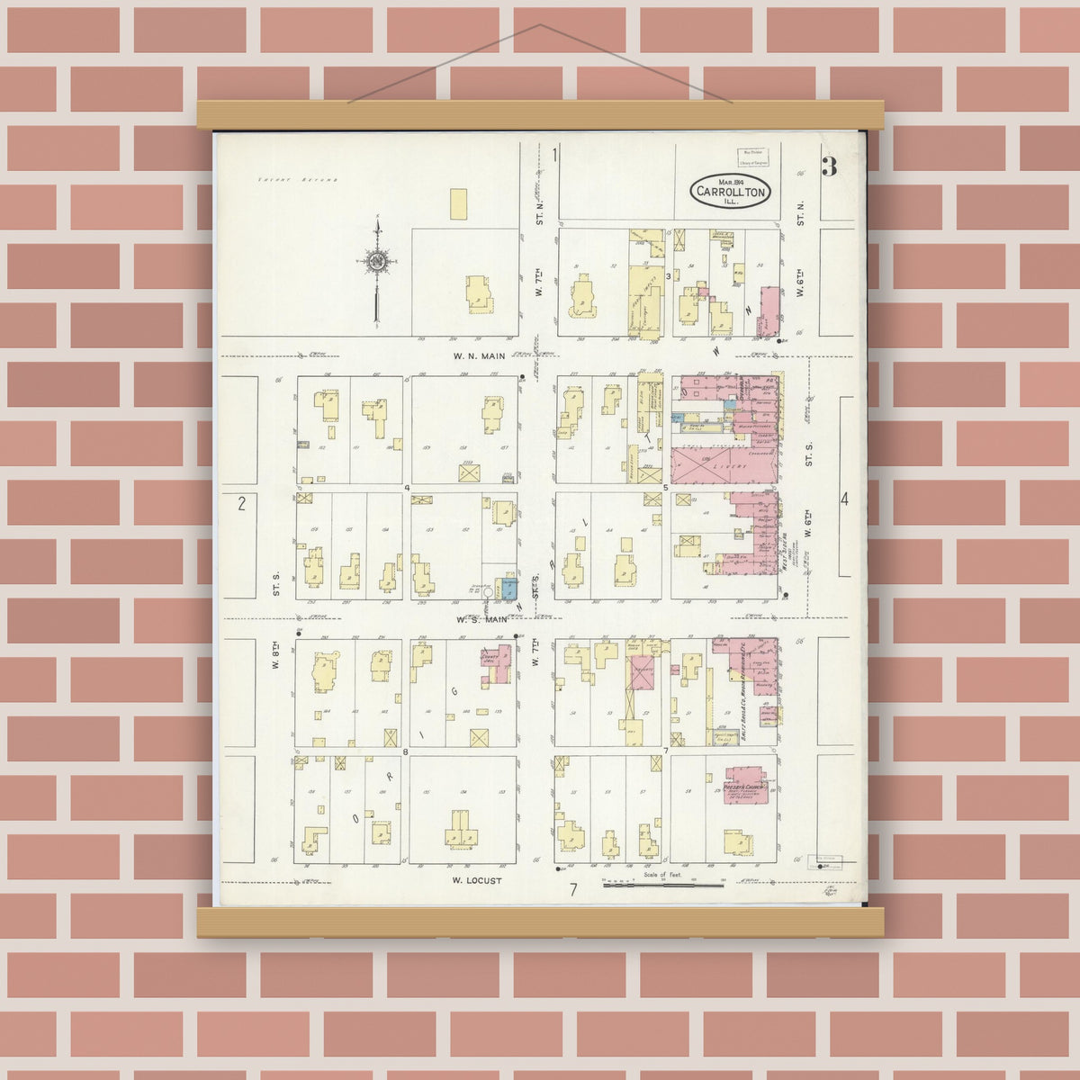 Old map wall art mockup — magnetic wood frame on brick wall — Sanborn Fire Insurance Map from Carrollton, Greene County, Illinois (1914), Sheet #0003