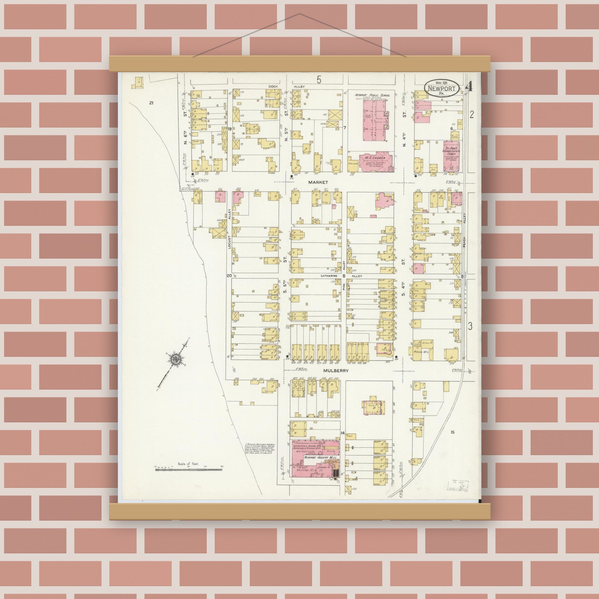 Old map wall art mockup — magnetic wood frame on brick wall — Sanborn Fire Insurance Map from Newport, Perry County, Pennsylvania (1911), Sheet #0004