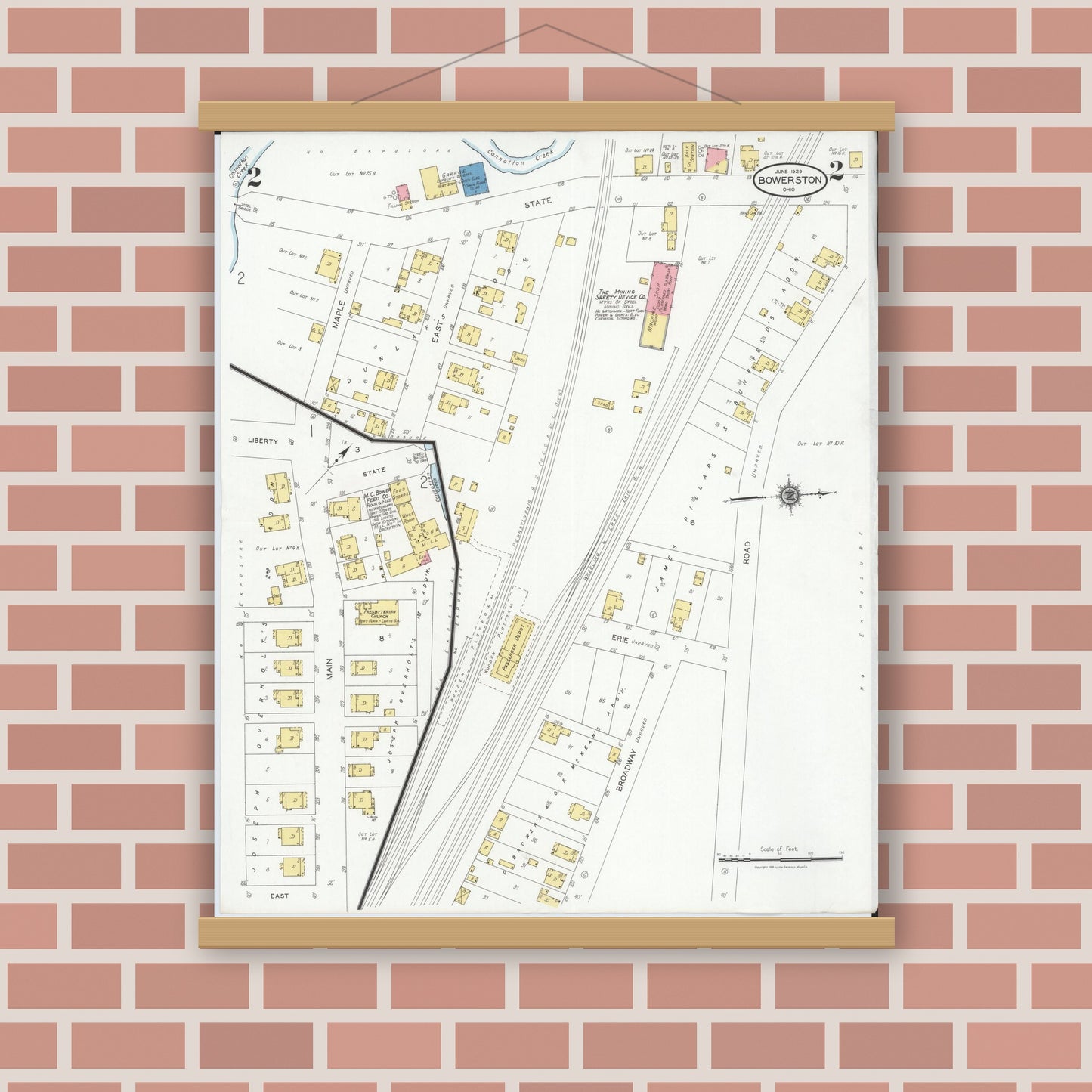 Old map wall art mockup — magnetic wood frame on brick wall — Sanborn Fire Insurance Map from Bowerston, Harrison County, Ohio (1929), Sheet #0002