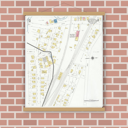 Old map wall art mockup — magnetic wood frame on brick wall — Sanborn Fire Insurance Map from Bowerston, Harrison County, Ohio (1929), Sheet #0002