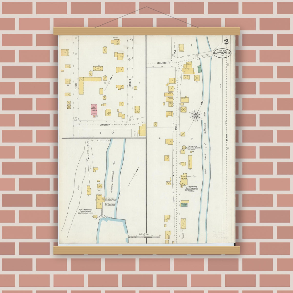 Old map wall art mockup — magnetic wood frame on brick wall — Sanborn Fire Insurance Map from Factoryville, Wyoming County, Pennsylvania (1903), Sheet #0002