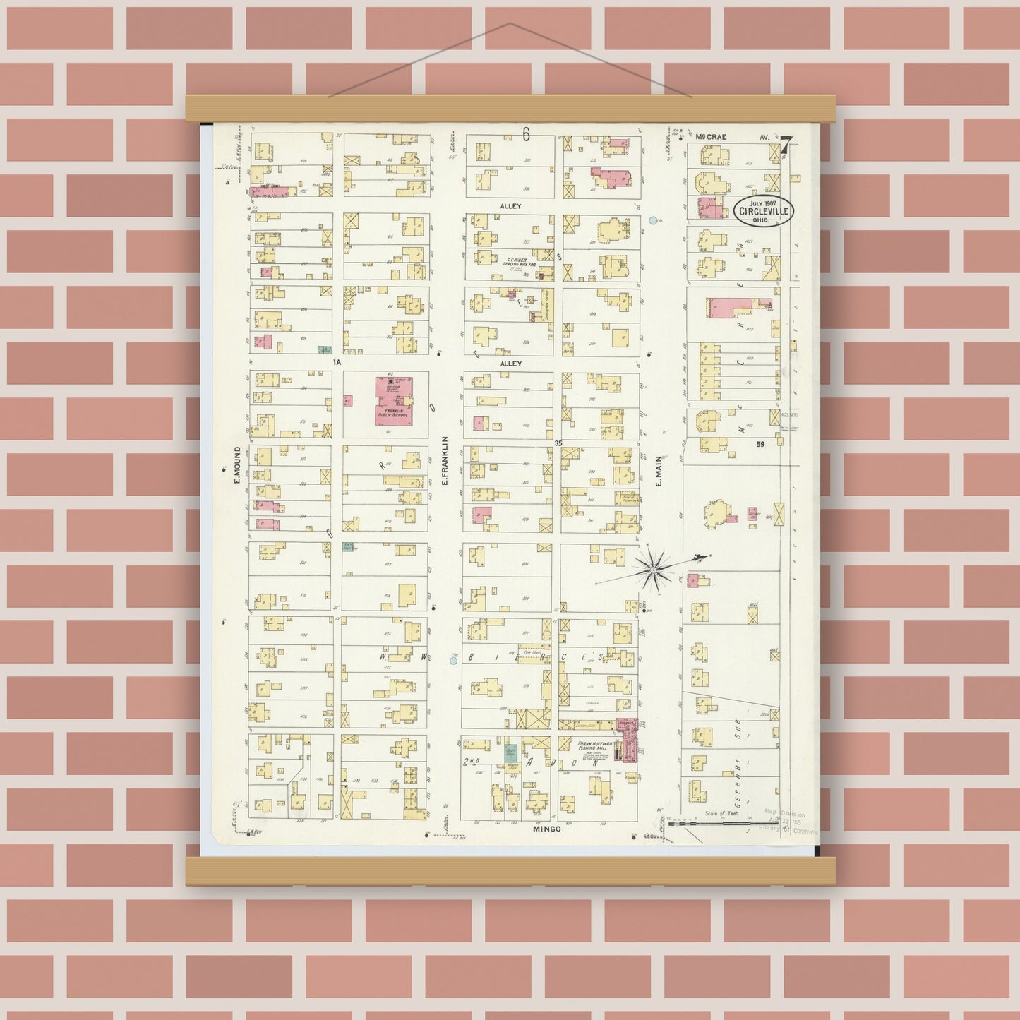 Old map wall art mockup — magnetic wood frame on brick wall — Sanborn Fire Insurance Map from Circleville, Pickaway County, Ohio (1907), Sheet #0007
