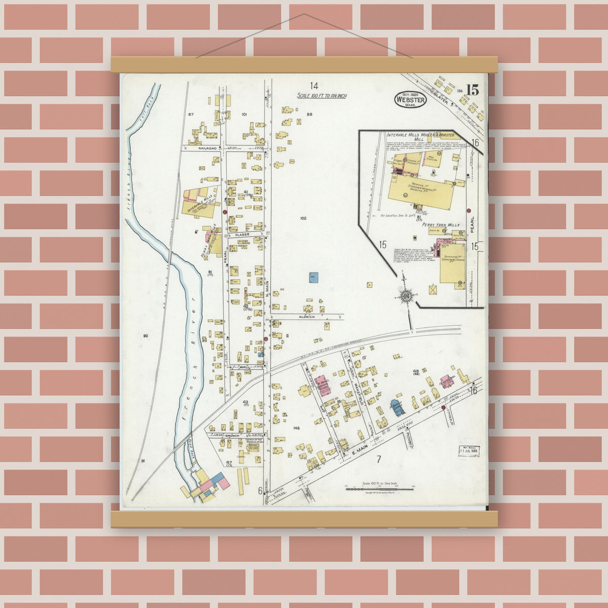 Old map wall art mockup — magnetic wood frame on brick wall — Sanborn Fire Insurance Map from Webster, Worcester County, Massachusetts (1920), Sheet #0015