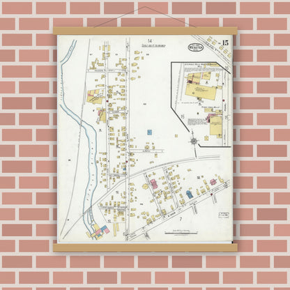 Old map wall art mockup — magnetic wood frame on brick wall — Sanborn Fire Insurance Map from Webster, Worcester County, Massachusetts (1920), Sheet #0015