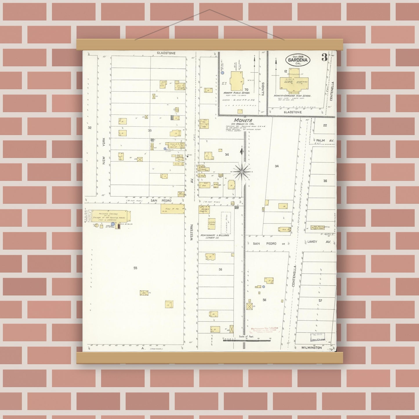 Old map wall art mockup — magnetic wood frame on brick wall — Sanborn Fire Insurance Map from Gardena, Los Angeles County, California (1908), Sheet #0003