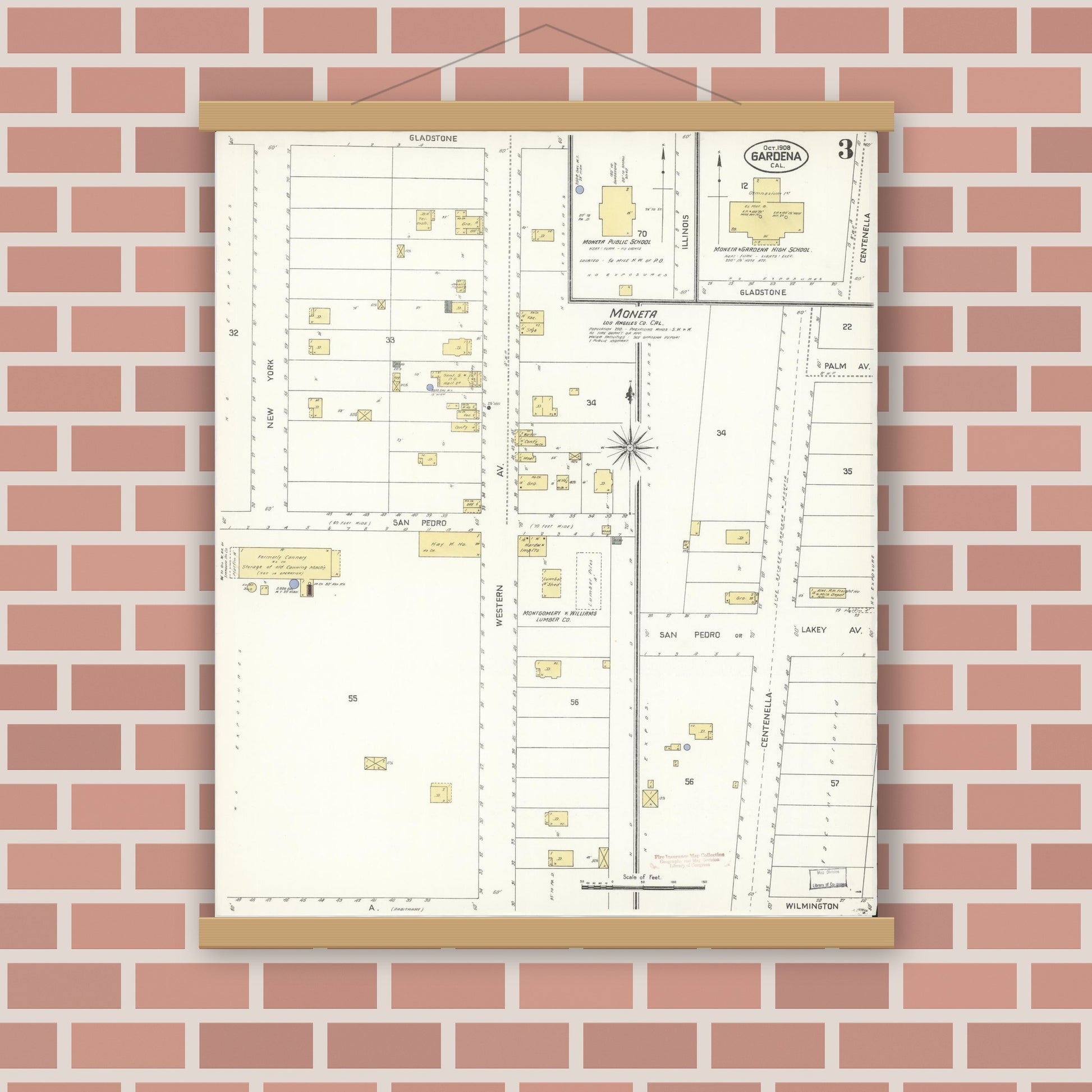Old map wall art mockup — magnetic wood frame on brick wall — Sanborn Fire Insurance Map from Gardena, Los Angeles County, California (1908), Sheet #0003