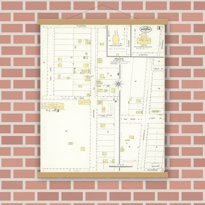 Old map wall art mockup — magnetic wood frame on brick wall — Sanborn Fire Insurance Map from Gardena, Los Angeles County, California (1908), Sheet #0003