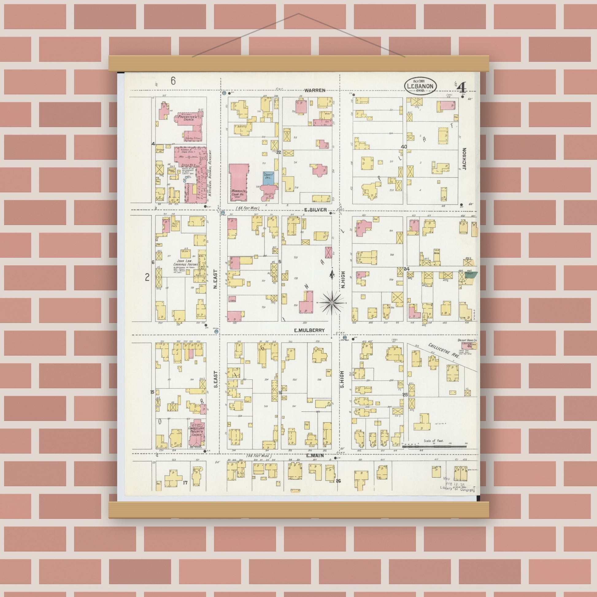 Old map wall art mockup — magnetic wood frame on brick wall — Sanborn Fire Insurance Map from Lebanon, Warren County, Ohio (1901), Sheet #0004