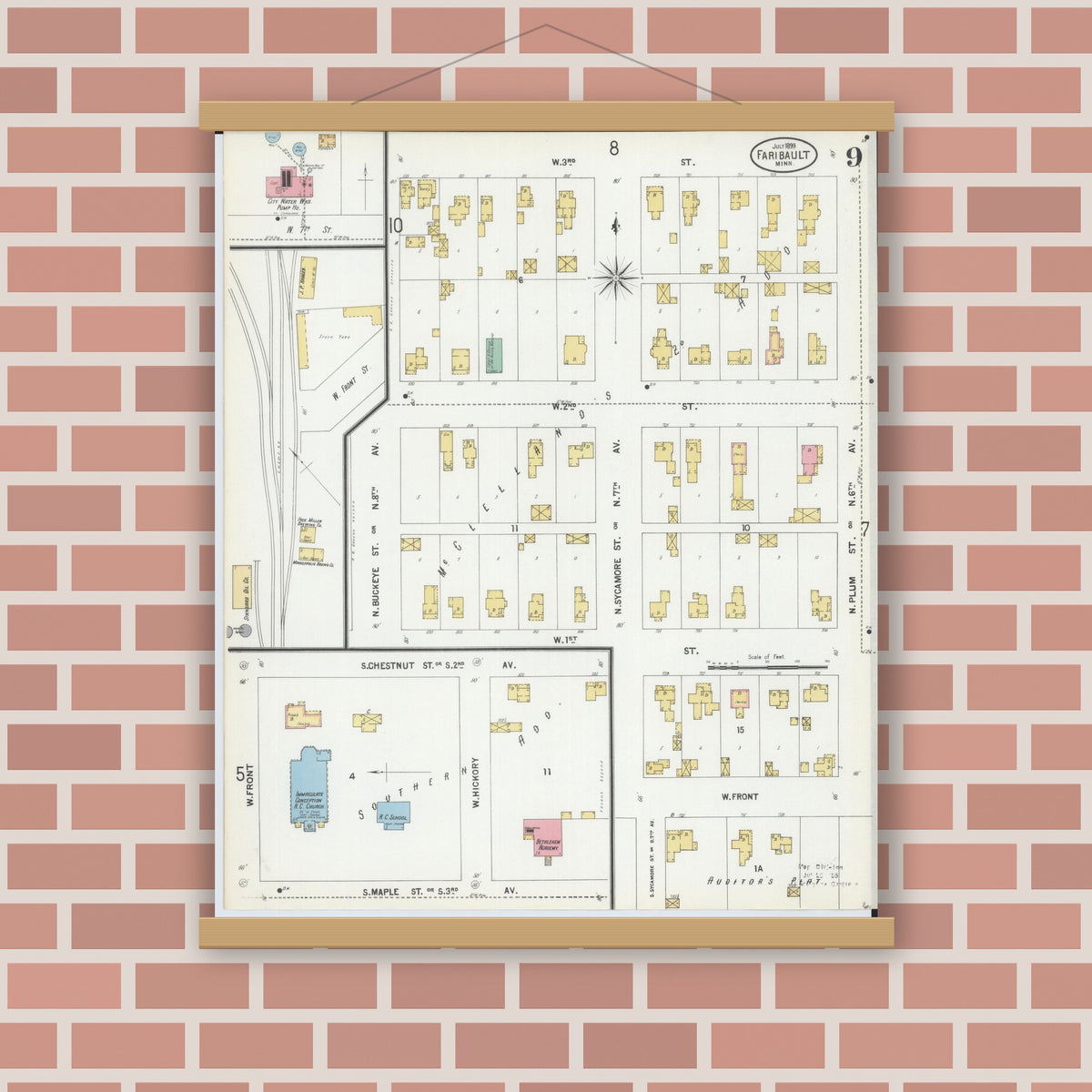 Old map wall art mockup — magnetic wood frame on brick wall — Sanborn Fire Insurance Map from Faribault, Rice County, Minnesota (1899), Sheet #0009