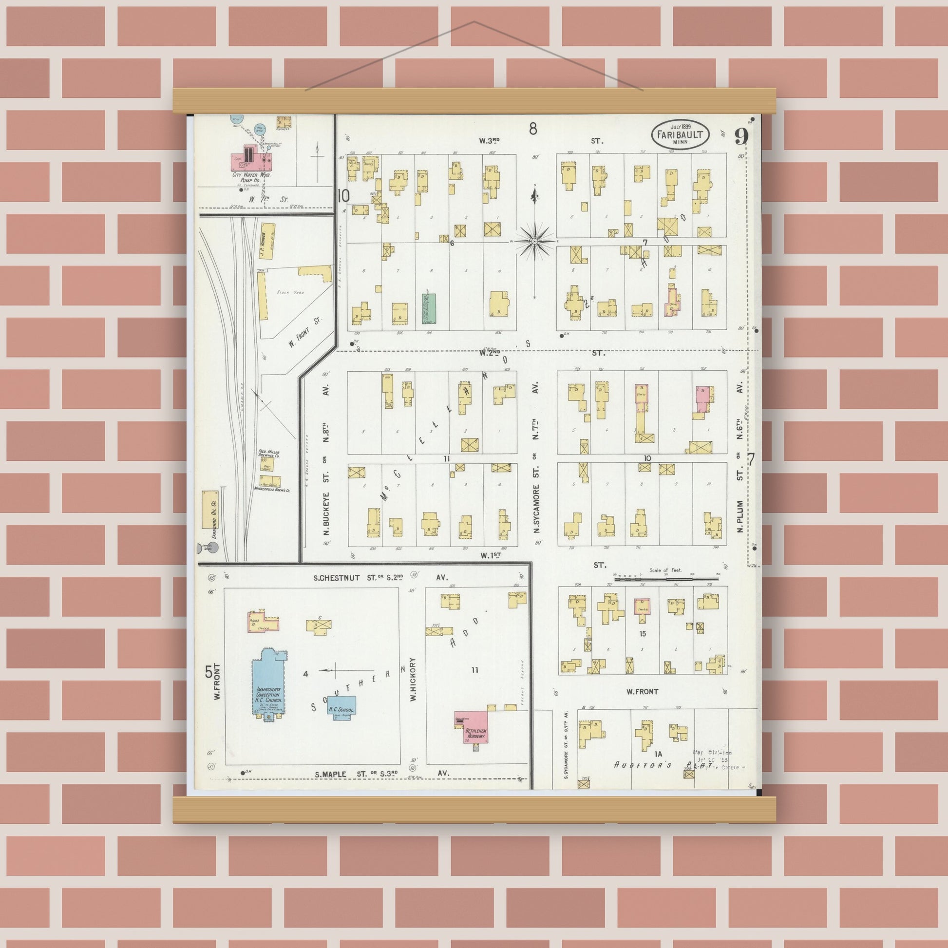 Old map wall art mockup — magnetic wood frame on brick wall — Sanborn Fire Insurance Map from Faribault, Rice County, Minnesota (1899), Sheet #0009