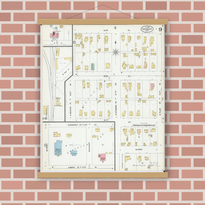 Old map wall art mockup — magnetic wood frame on brick wall — Sanborn Fire Insurance Map from Faribault, Rice County, Minnesota (1899), Sheet #0009
