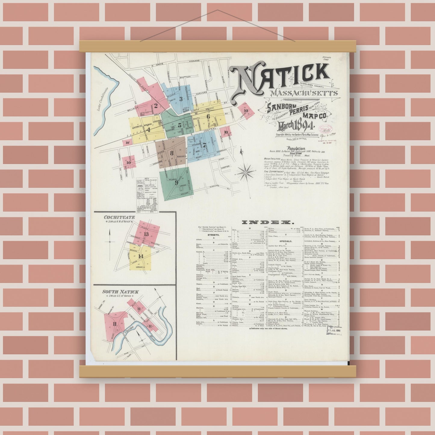 Old map wall art mockup — magnetic wood frame on brick wall — Sanborn Fire Insurance Map from Natick, Middlesex County, Massachusetts (1894), Sheet #0001