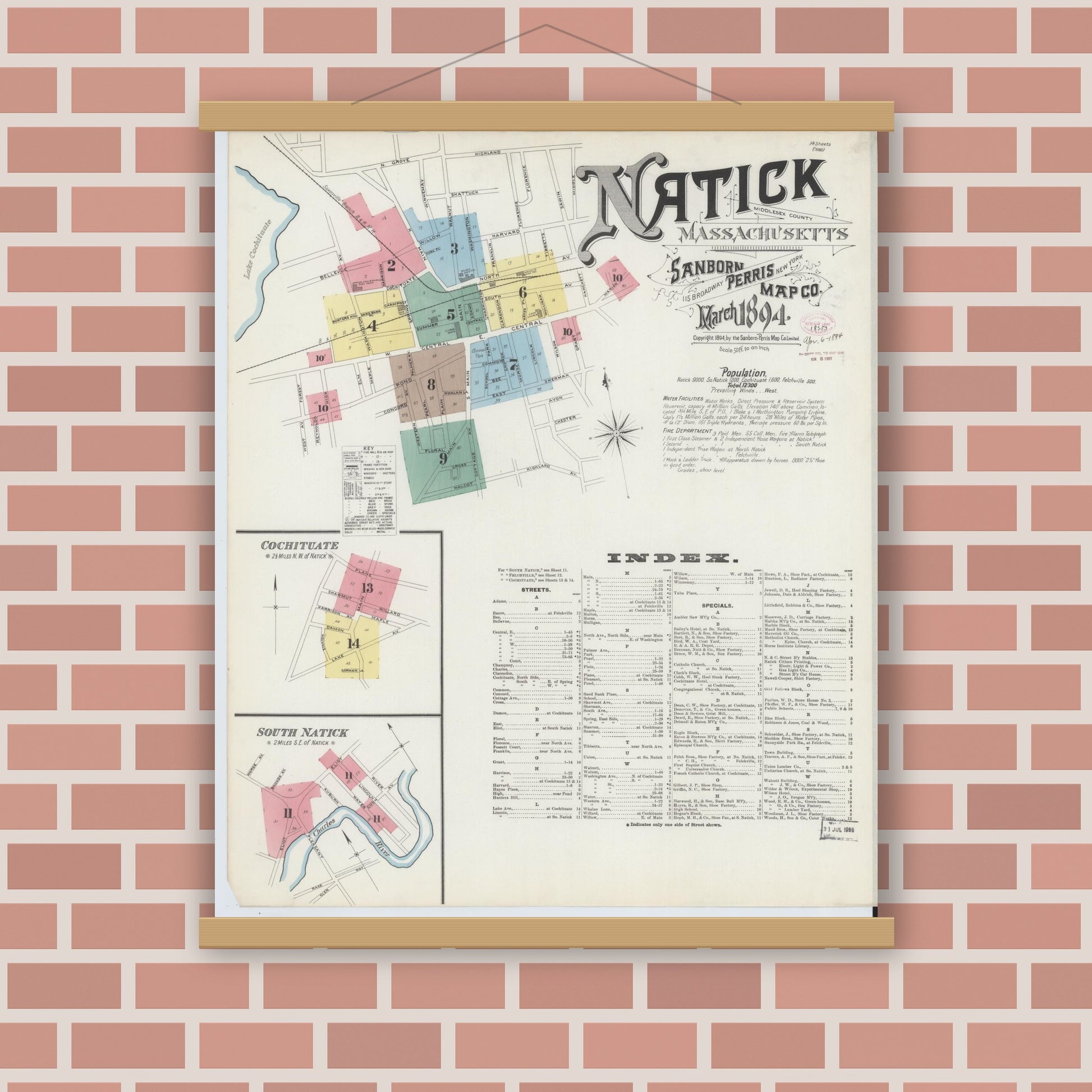 Old map wall art mockup — magnetic wood frame on brick wall — Sanborn Fire Insurance Map from Natick, Middlesex County, Massachusetts (1894), Sheet #0001