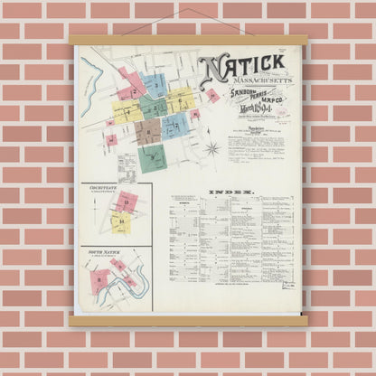Old map wall art mockup — magnetic wood frame on brick wall — Sanborn Fire Insurance Map from Natick, Middlesex County, Massachusetts (1894), Sheet #0001