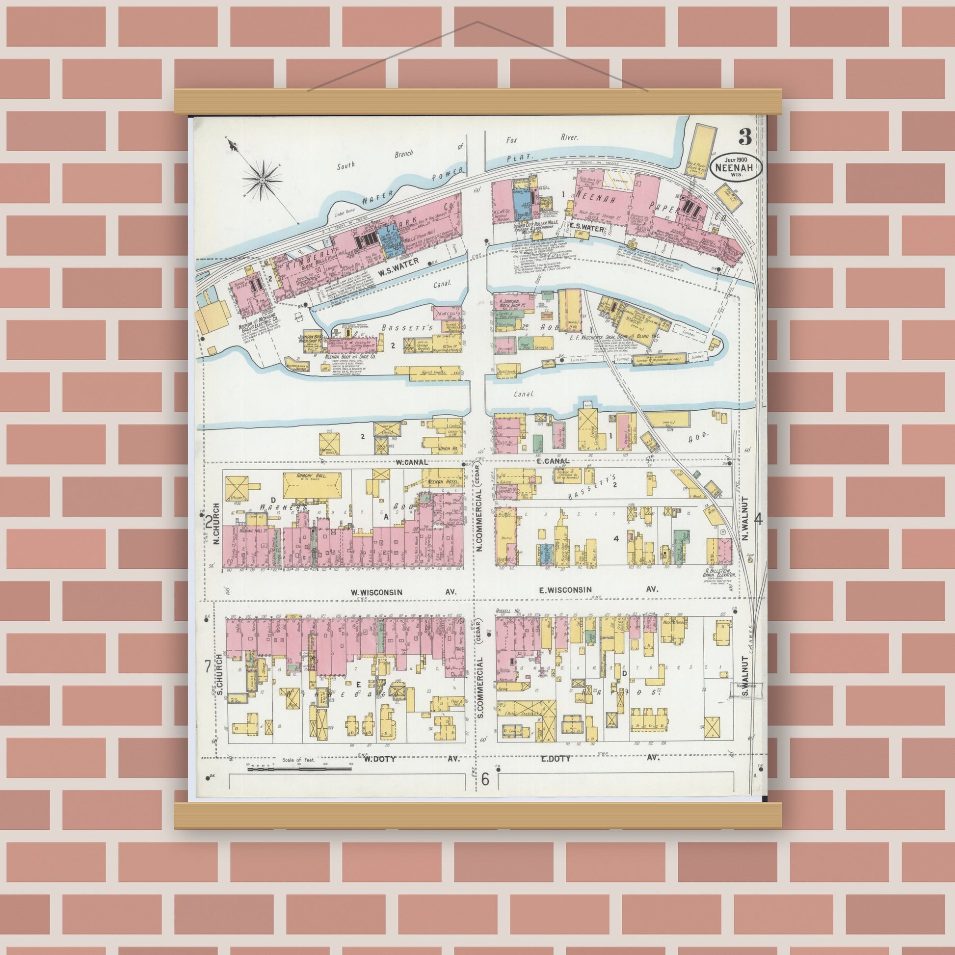 Old map wall art mockup — magnetic wood frame on brick wall — Sanborn Fire Insurance Map from Neenah, Winnebago County, Wisconsin (1900), Sheet #0003