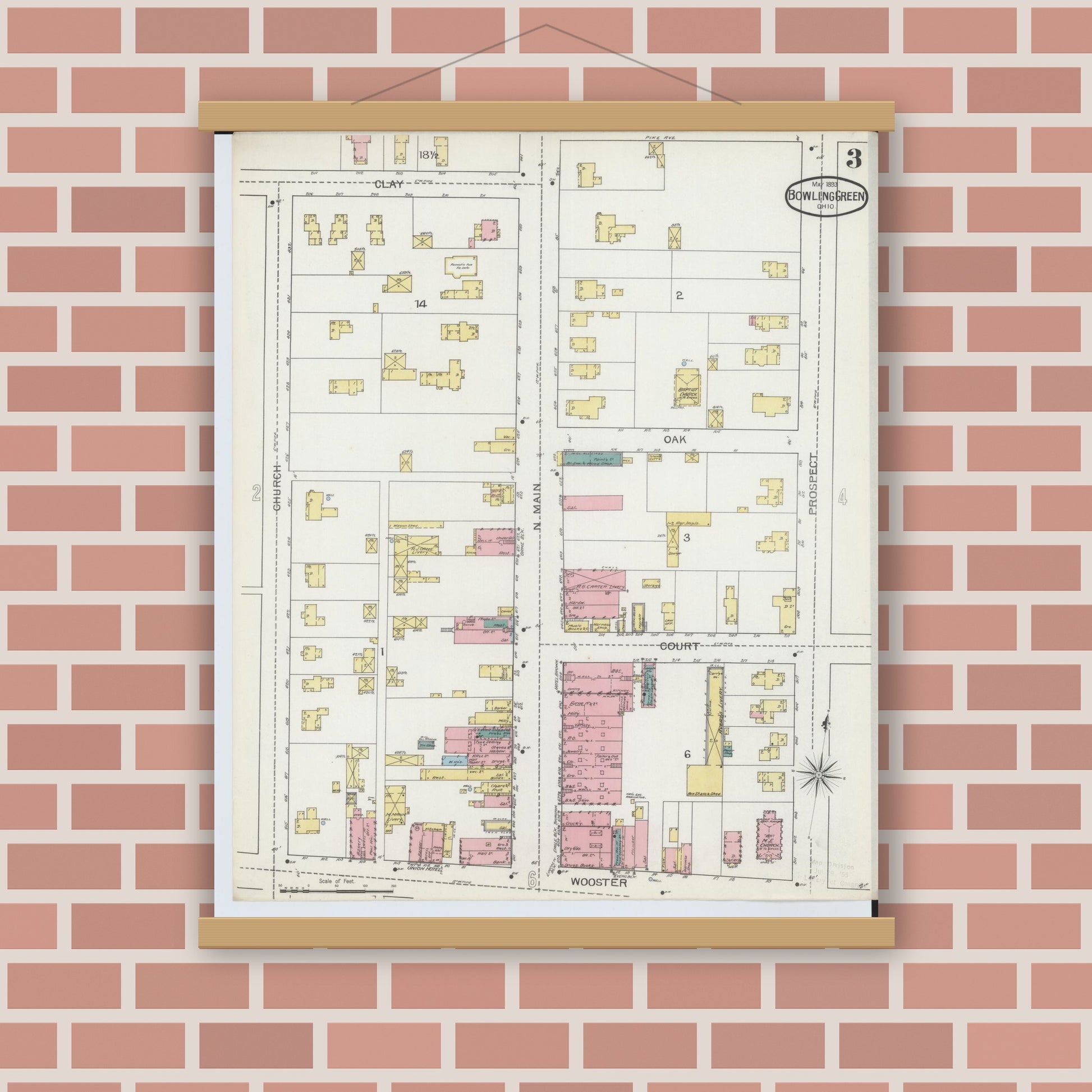 Old map wall art mockup — magnetic wood frame on brick wall — Sanborn Fire Insurance Map from Bowling Green, Wood County, Ohio (1893), Sheet #0003