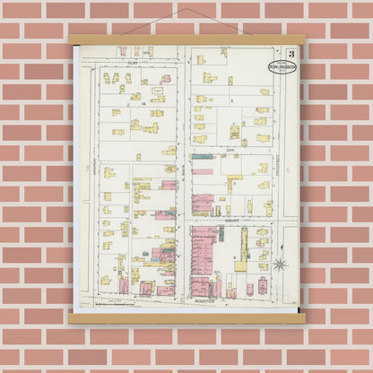 Old map wall art mockup — magnetic wood frame on brick wall — Sanborn Fire Insurance Map from Bowling Green, Wood County, Ohio (1893), Sheet #0003