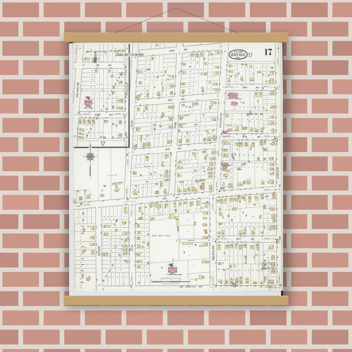Old map wall art mockup — magnetic wood frame on brick wall — Sanborn Fire Insurance Map from Antigo, Langlade County, Wisconsin (1919), Sheet #0017
