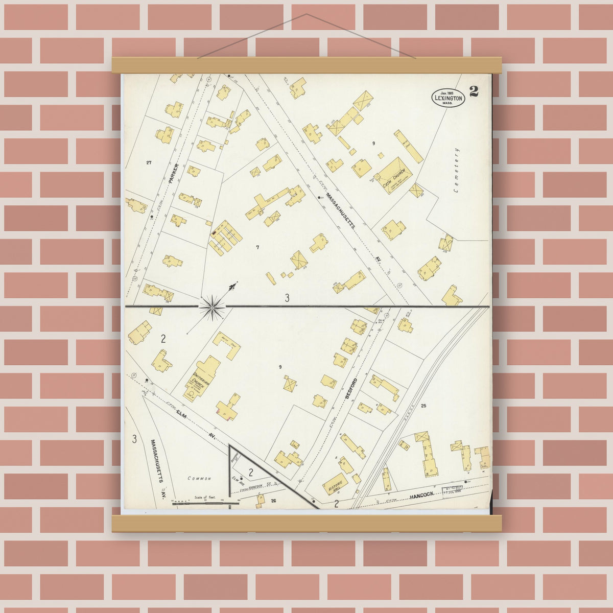 Old map wall art mockup — magnetic wood frame on brick wall — Sanborn Fire Insurance Map from Lexington, Middlesex County, Massachusetts (1903), Sheet #0002