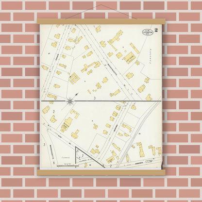 Old map wall art mockup — magnetic wood frame on brick wall — Sanborn Fire Insurance Map from Lexington, Middlesex County, Massachusetts (1903), Sheet #0002