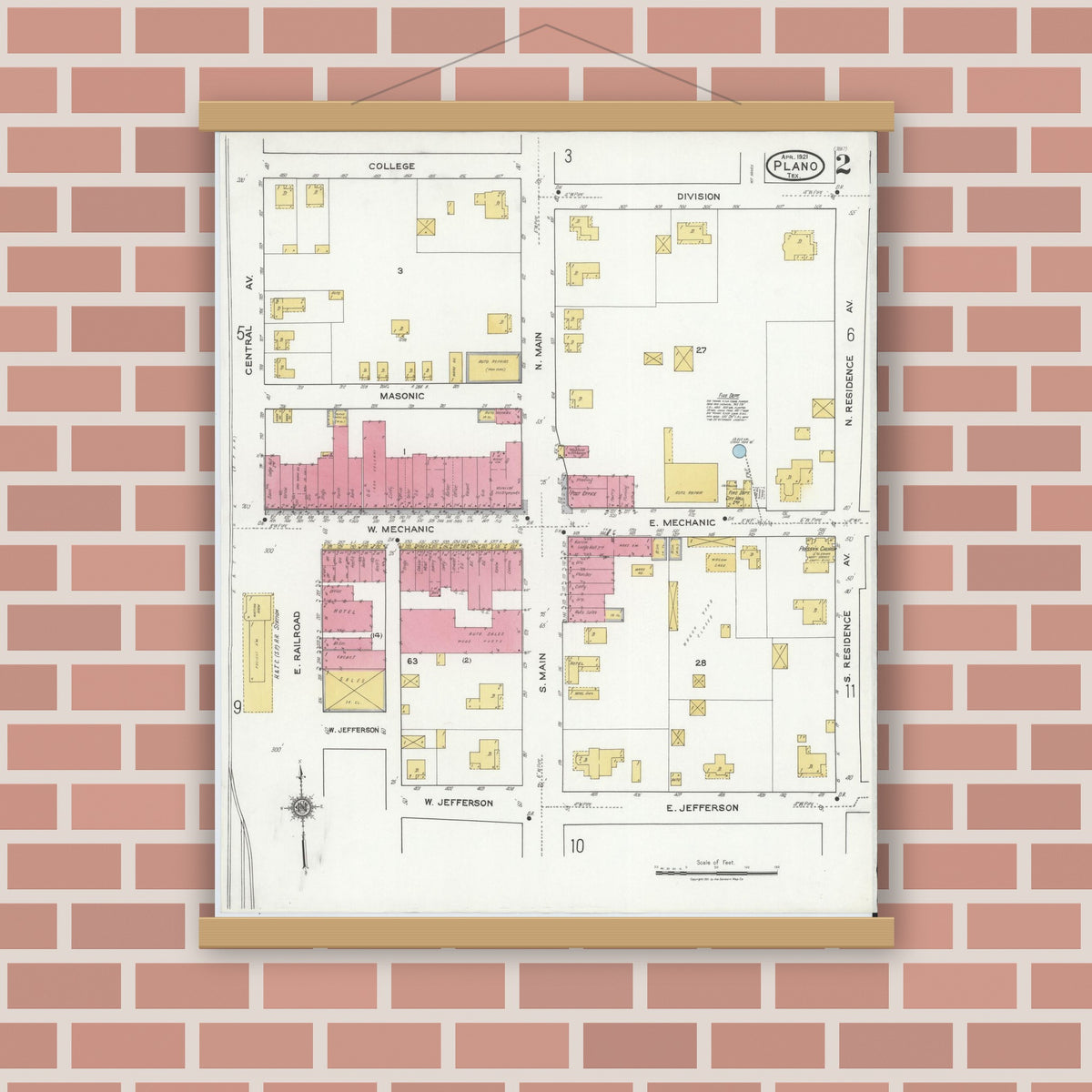 Old map wall art mockup — magnetic wood frame on brick wall — Sanborn Fire Insurance Map from Plano, Collin County, Texas (1921), Sheet #0002