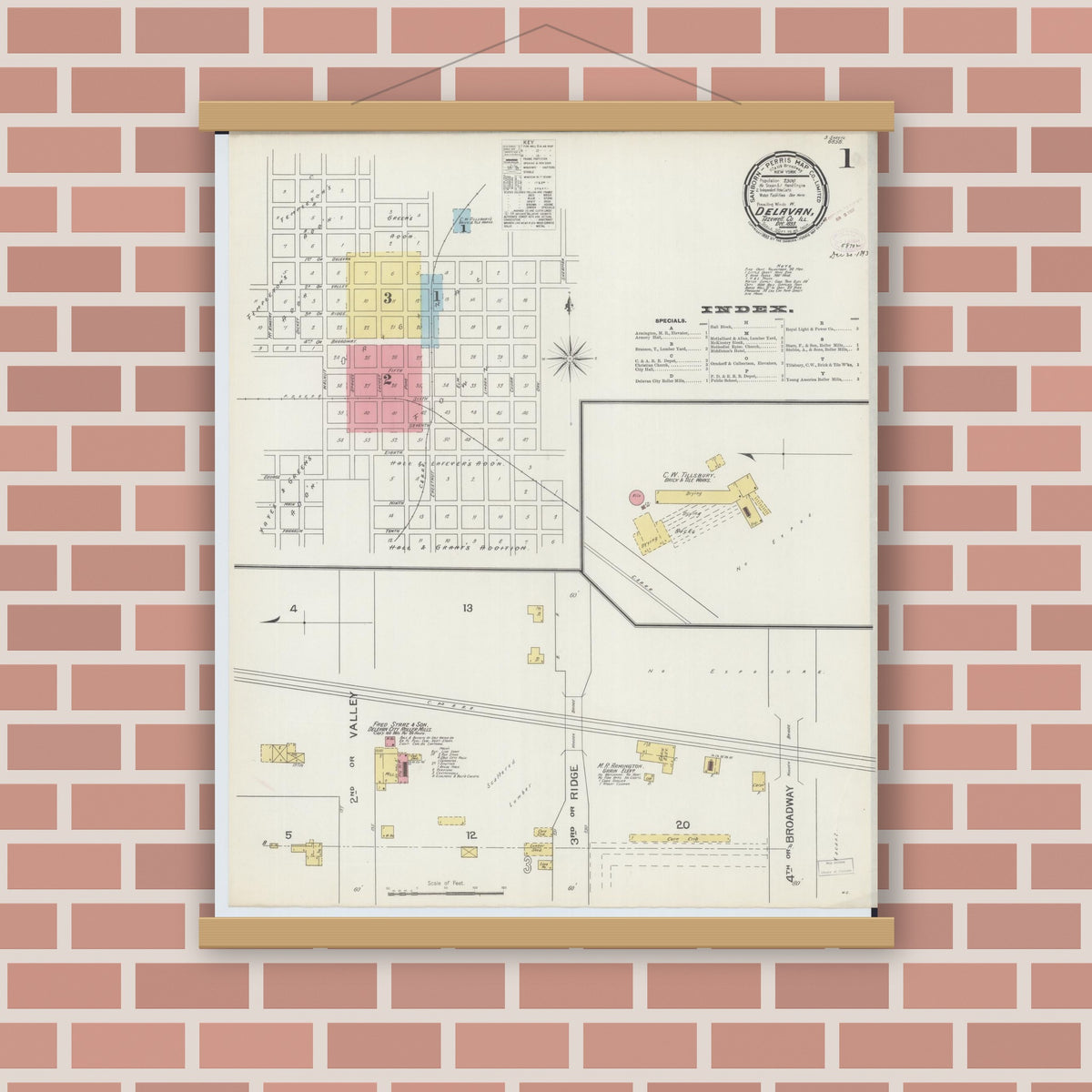 Old map wall art mockup — magnetic wood frame on brick wall — Sanborn Fire Insurance Map from Delavan, Tazewell County, Illinois (1893) - Complete Map Set