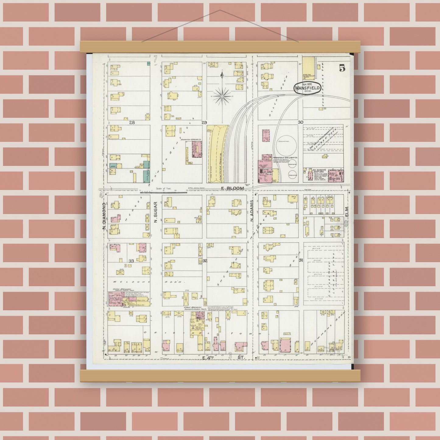Old map wall art mockup — magnetic wood frame on brick wall — Sanborn Fire Insurance Map from Mansfield, Richland County, Ohio (1892), Sheet #0005