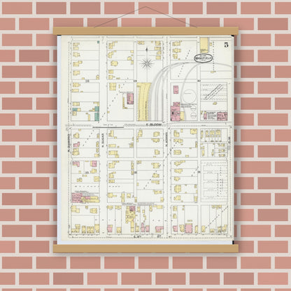 Old map wall art mockup — magnetic wood frame on brick wall — Sanborn Fire Insurance Map from Mansfield, Richland County, Ohio (1892), Sheet #0005