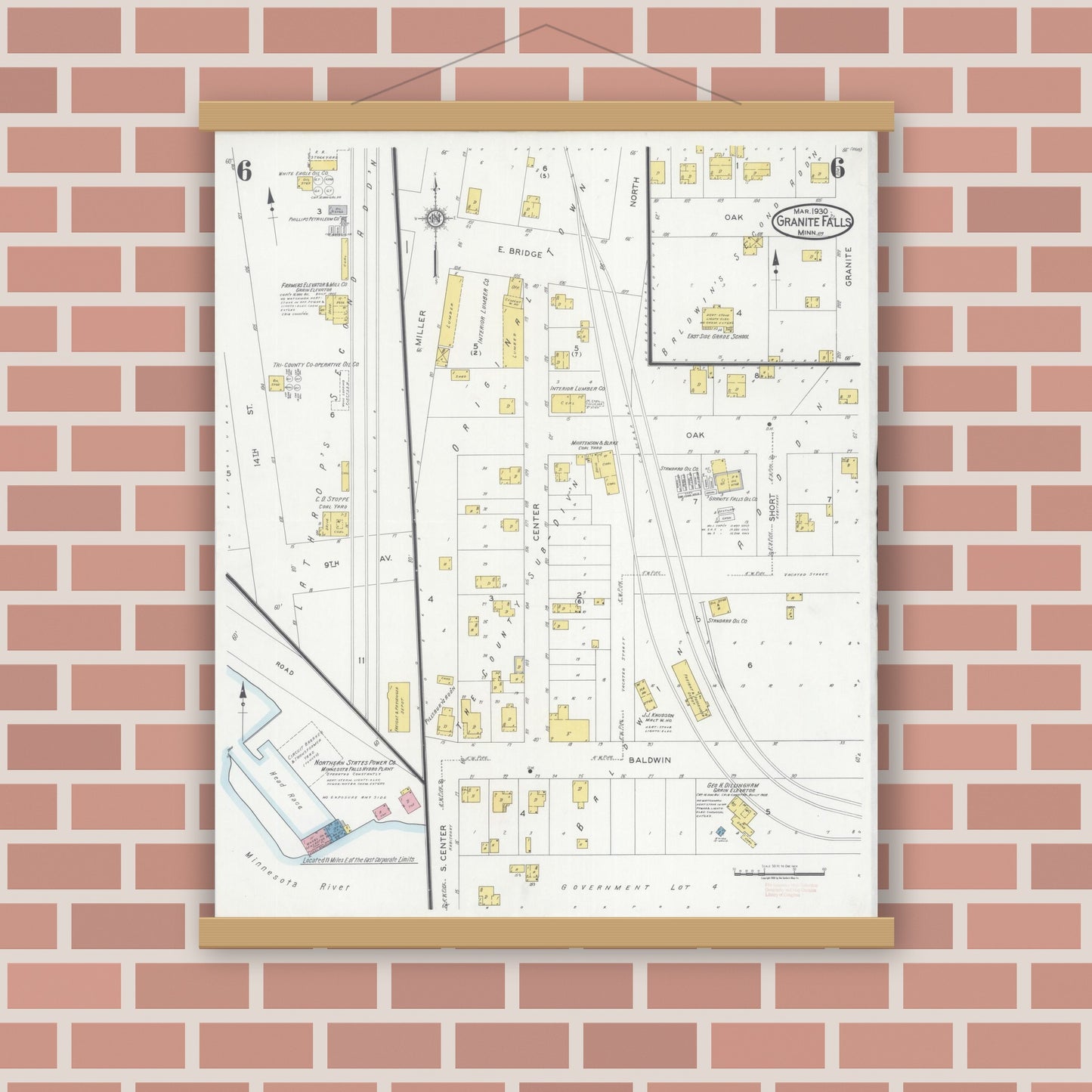 Old map wall art mockup — magnetic wood frame on brick wall — Sanborn Fire Insurance Map from Granite Falls, Yellow Medicine And Chippewa Counties, Minnesota (1930), Sheet #0006