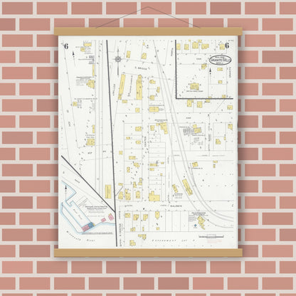 Old map wall art mockup — magnetic wood frame on brick wall — Sanborn Fire Insurance Map from Granite Falls, Yellow Medicine And Chippewa Counties, Minnesota (1930), Sheet #0006