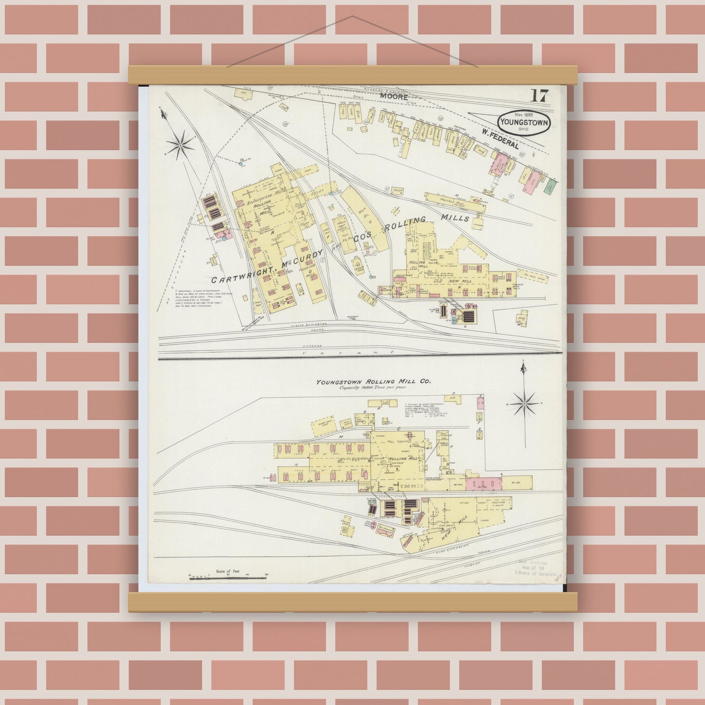 Old map wall art mockup — magnetic wood frame on brick wall — Sanborn Fire Insurance Map from Youngstown, Mahoning County, Ohio (1889), Sheet #0017