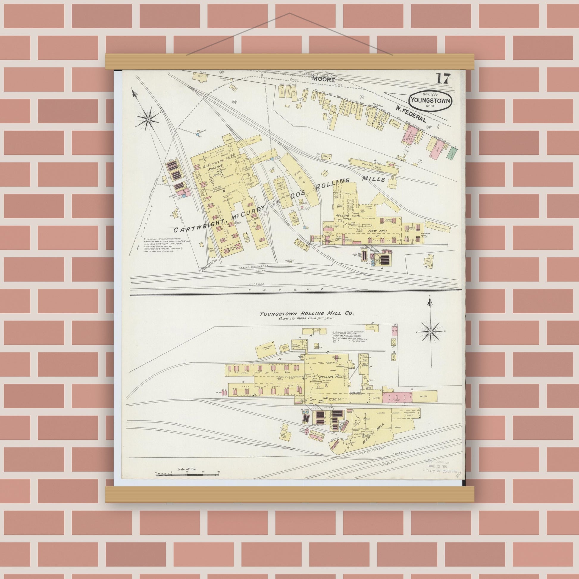 Old map wall art mockup — magnetic wood frame on brick wall — Sanborn Fire Insurance Map from Youngstown, Mahoning County, Ohio (1889), Sheet #0017