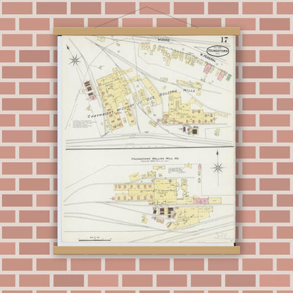 Old map wall art mockup — magnetic wood frame on brick wall — Sanborn Fire Insurance Map from Youngstown, Mahoning County, Ohio (1889), Sheet #0017