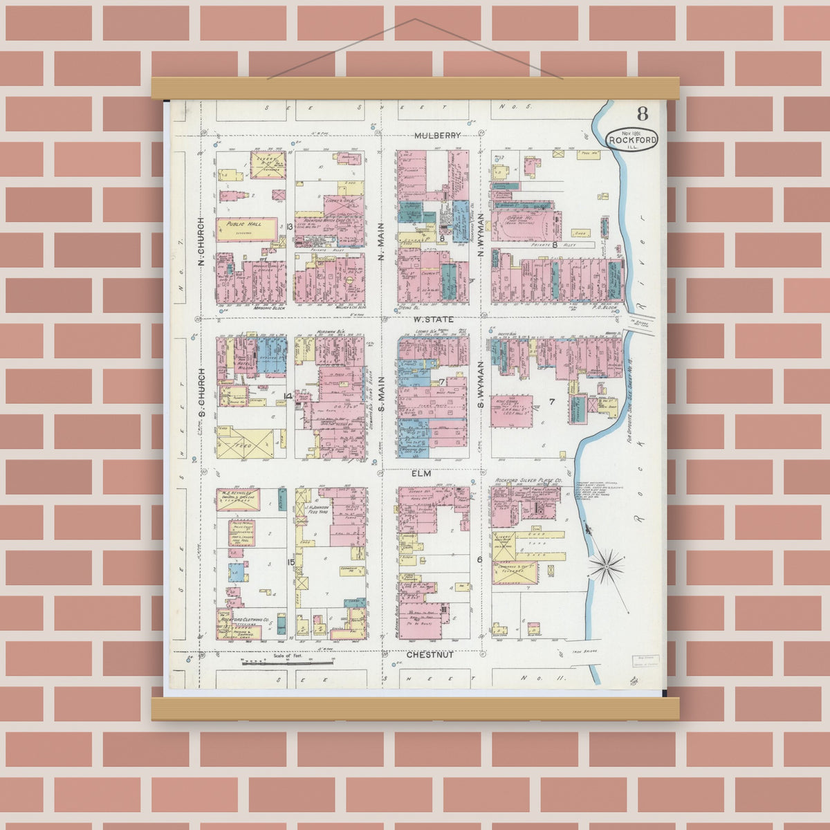 Old map wall art mockup — magnetic wood frame on brick wall — Sanborn Fire Insurance Map from Rockford, Winnebago County, Illinois (1891), Sheet #0008