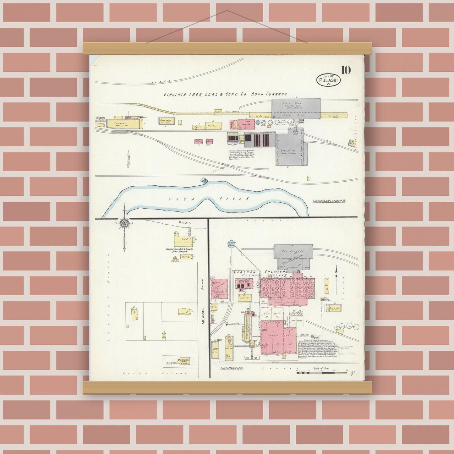 Old map wall art mockup — magnetic wood frame on brick wall — Sanborn Fire Insurance Map from Pulaski, Pulaski County, Virginia (1913), Sheet #0010
