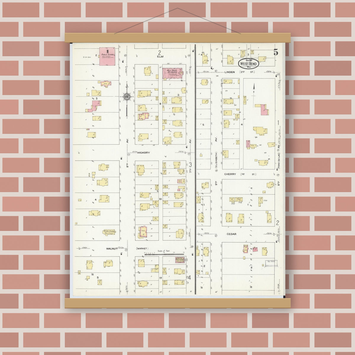 Old map wall art mockup — magnetic wood frame on brick wall — Sanborn Fire Insurance Map from West Bend, Washington County, Wisconsin (1910), Sheet #0005