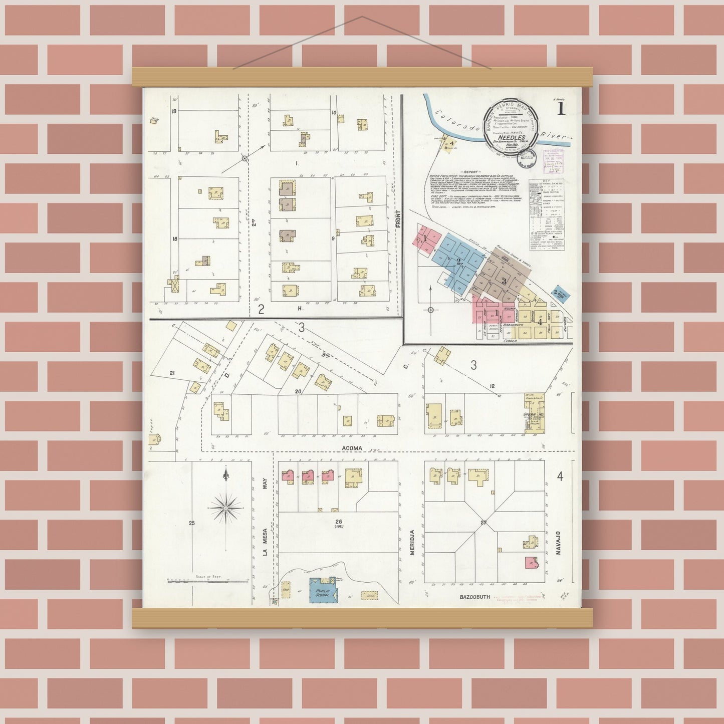 Old map wall art mockup — magnetic wood frame on brick wall — Sanborn Fire Insurance Map from Needles, San Bernardino County, California (1901) - Complete Map Set