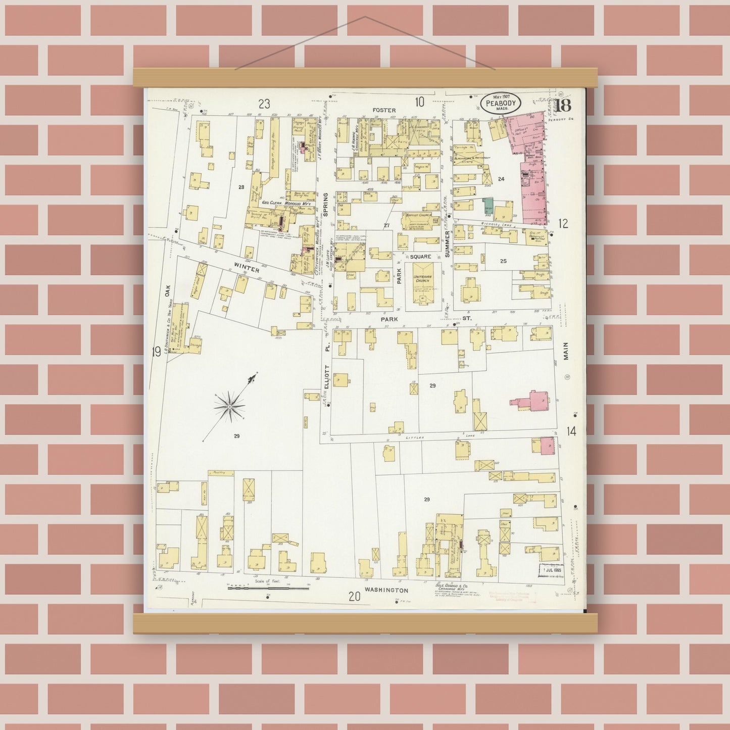 Old map wall art mockup — magnetic wood frame on brick wall — Sanborn Fire Insurance Map from Peabody, Essex County, Massachusetts (1907), Sheet #0018