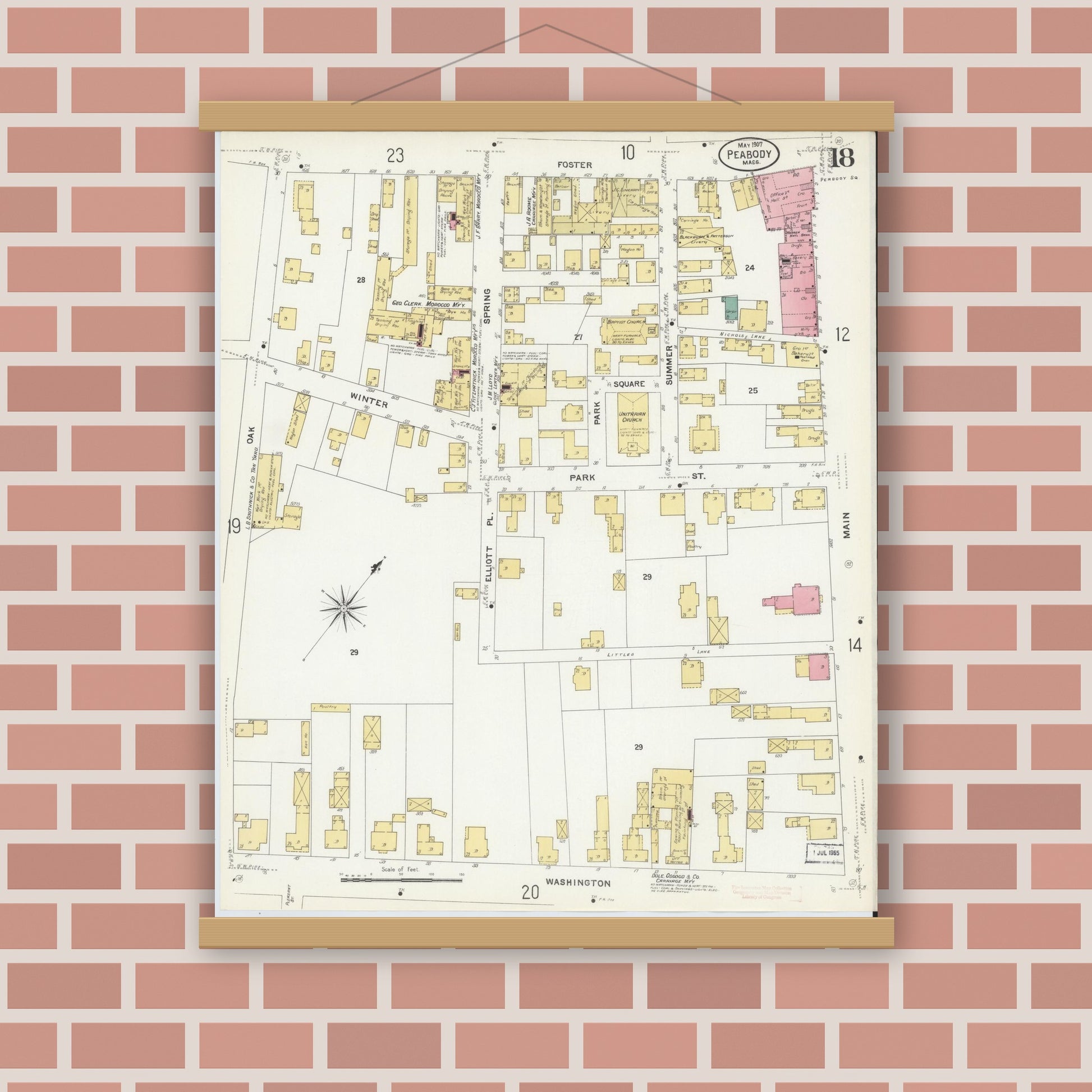 Old map wall art mockup — magnetic wood frame on brick wall — Sanborn Fire Insurance Map from Peabody, Essex County, Massachusetts (1907), Sheet #0018