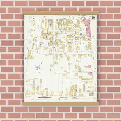 Old map wall art mockup — magnetic wood frame on brick wall — Sanborn Fire Insurance Map from Peabody, Essex County, Massachusetts (1907), Sheet #0018