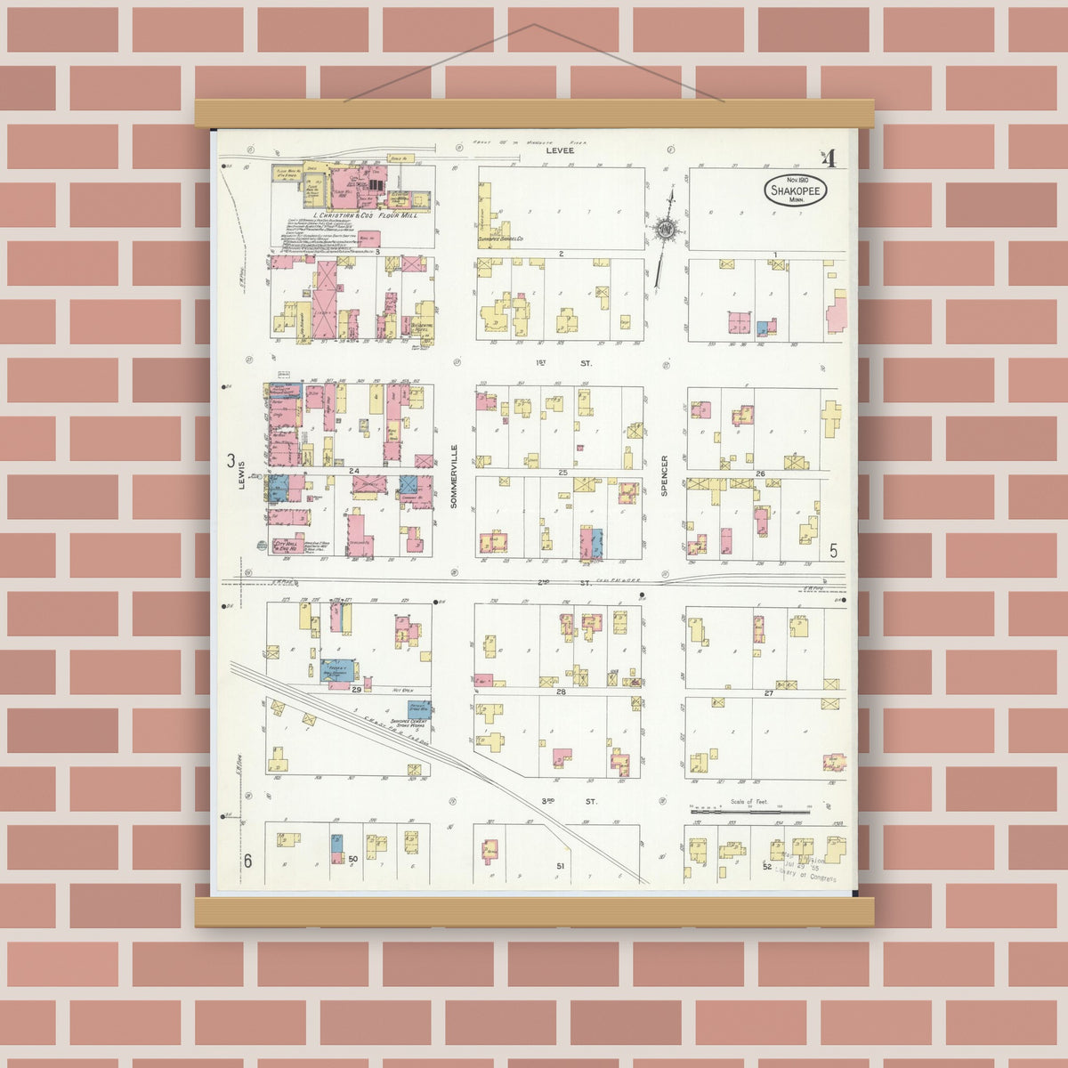 Old map wall art mockup — magnetic wood frame on brick wall — Sanborn Fire Insurance Map from Shakopee, Scott County, Minnesota (1910), Sheet #0004