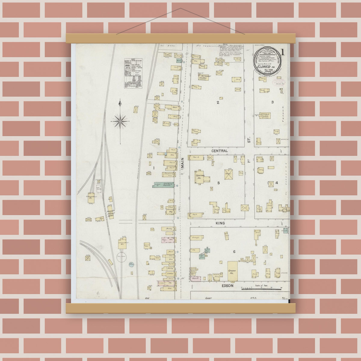 Old map wall art mockup — magnetic wood frame on brick wall — Sanborn Fire Insurance Map from Eldred, McKean County, Pennsylvania (1888) - Complete Map Set