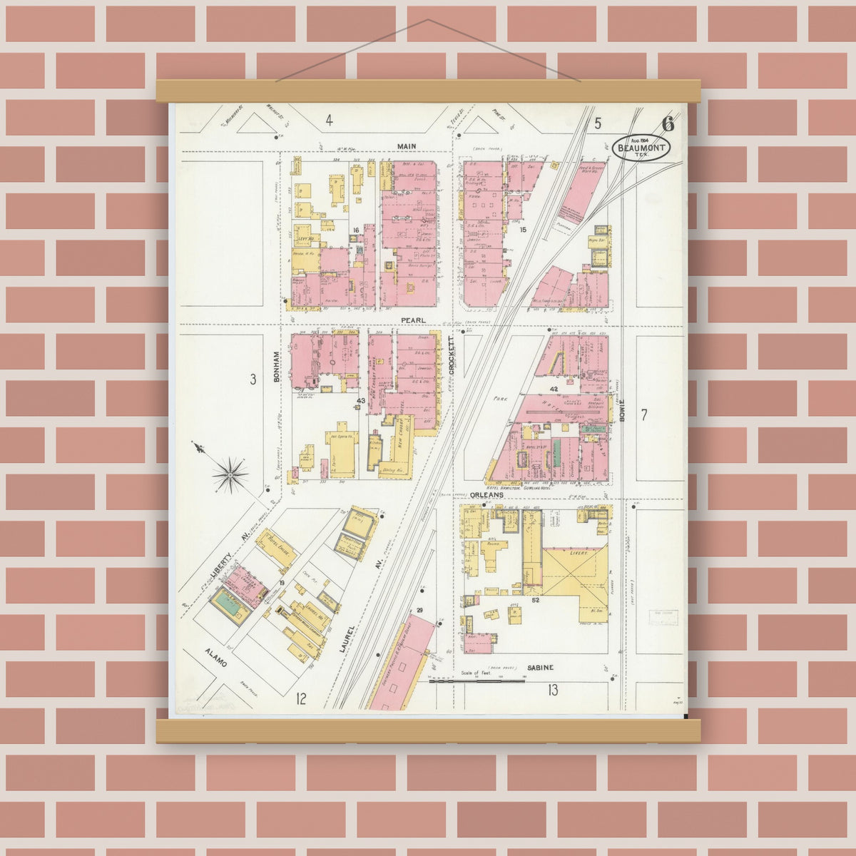 Old map wall art mockup — magnetic wood frame on brick wall — Sanborn Fire Insurance Map from Beaumont, Jefferson County, Texas (1904), Sheet #0006