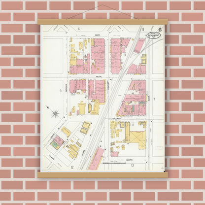 Old map wall art mockup — magnetic wood frame on brick wall — Sanborn Fire Insurance Map from Beaumont, Jefferson County, Texas (1904), Sheet #0006