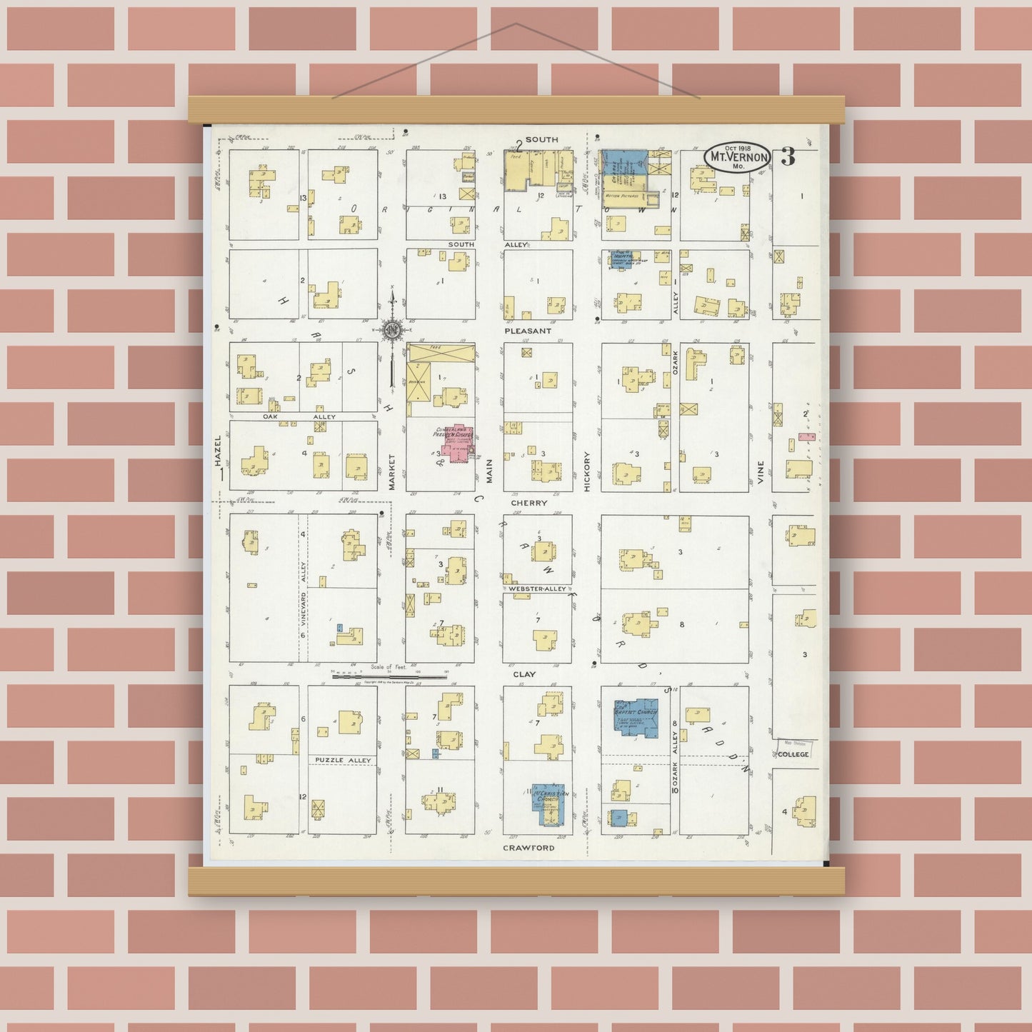 Old map wall art mockup — magnetic wood frame on brick wall — Sanborn Fire Insurance Map from Mount Vernon, Lawrence County, Missouri (1918), Sheet #0003