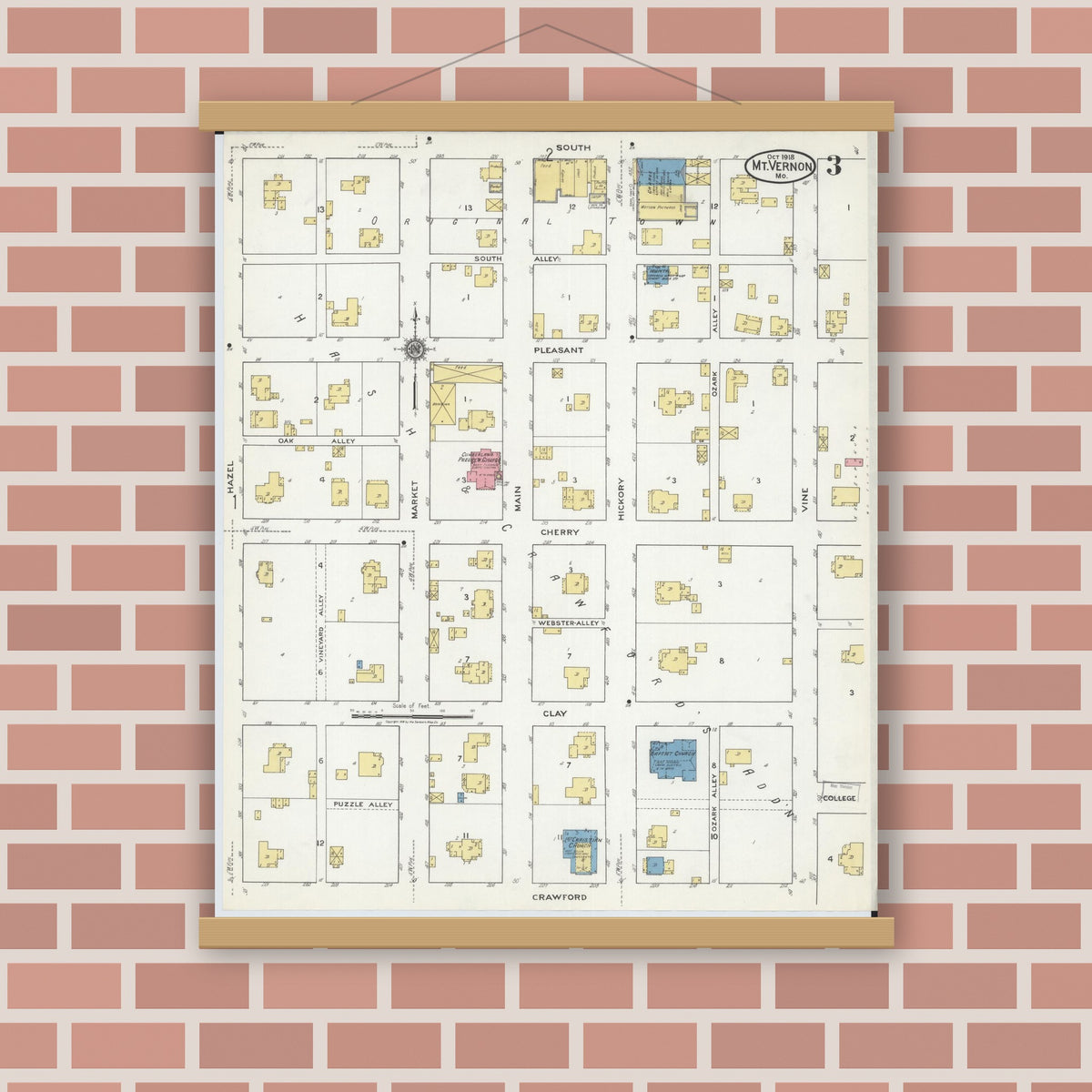 Old map wall art mockup — magnetic wood frame on brick wall — Sanborn Fire Insurance Map from Mount Vernon, Lawrence County, Missouri (1918), Sheet #0003