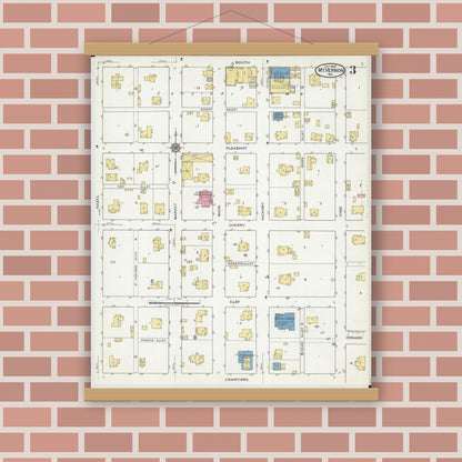 Old map wall art mockup — magnetic wood frame on brick wall — Sanborn Fire Insurance Map from Mount Vernon, Lawrence County, Missouri (1918), Sheet #0003