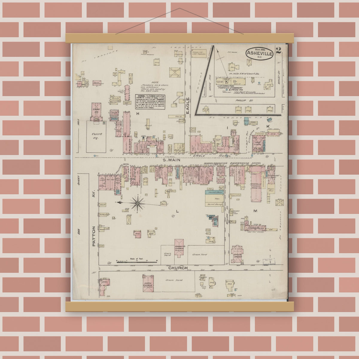 Old map wall art mockup — magnetic wood frame on brick wall — Sanborn Fire Insurance Map from Asheville, Buncombe County, North Carolina (1885), Sheet #0002